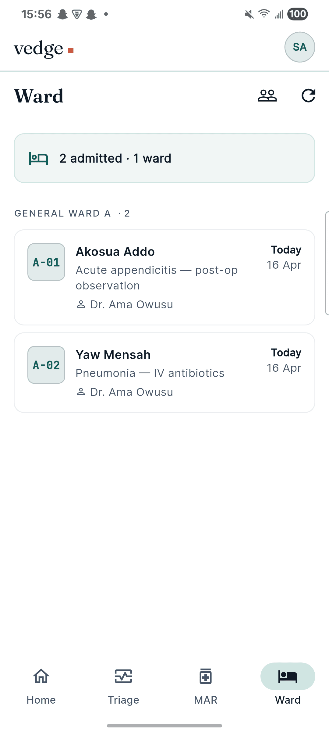 Ward tab showing admitted patients grouped by ward, with bed-number badges, admission reason, and attending provider.