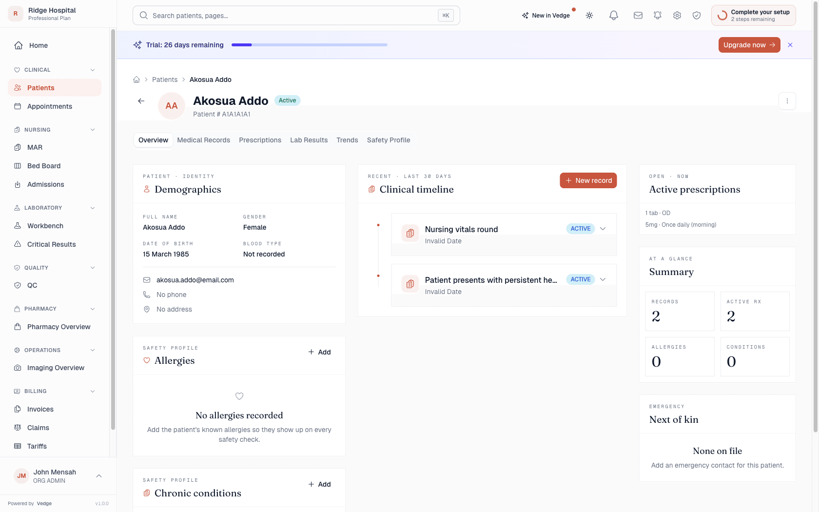 Patient detail page for Akosua Addo showing demographics, clinical timeline, active prescriptions, allergies, and safety profile in a single editorial layout.