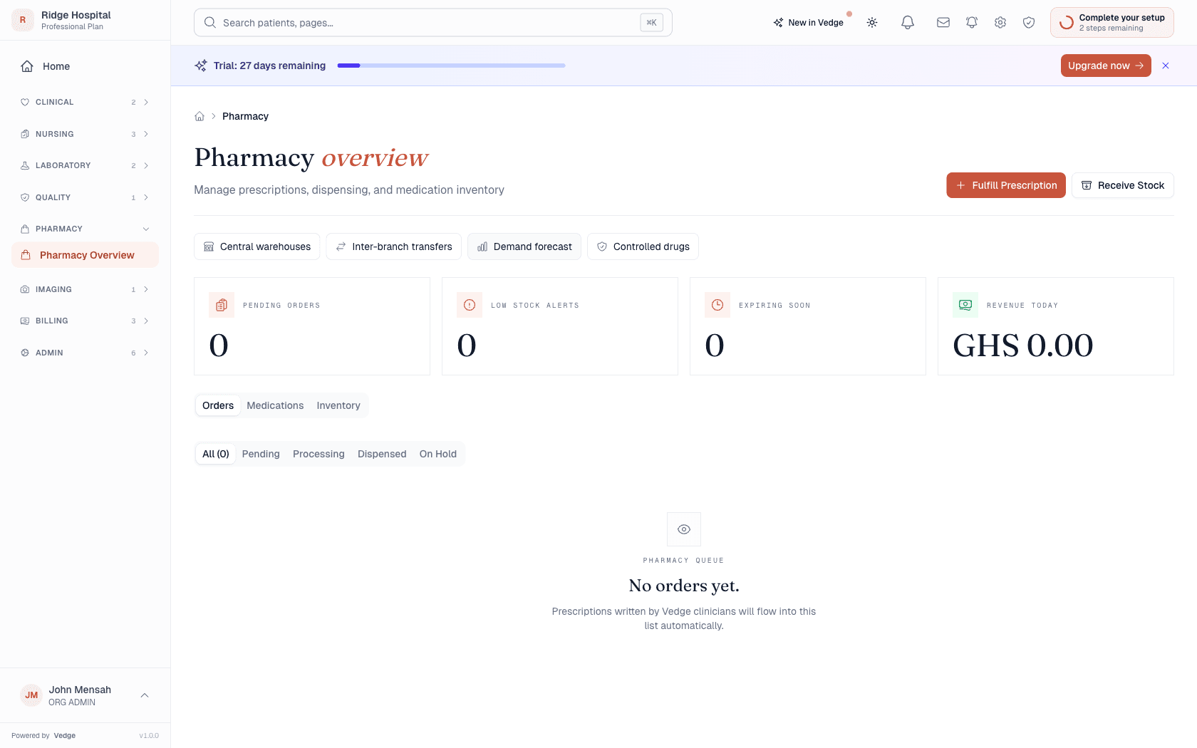 Pharmacy overview dashboard showing four inventory metrics, and tabs for Pending, Processing, Dispensed, and On Hold prescriptions.
