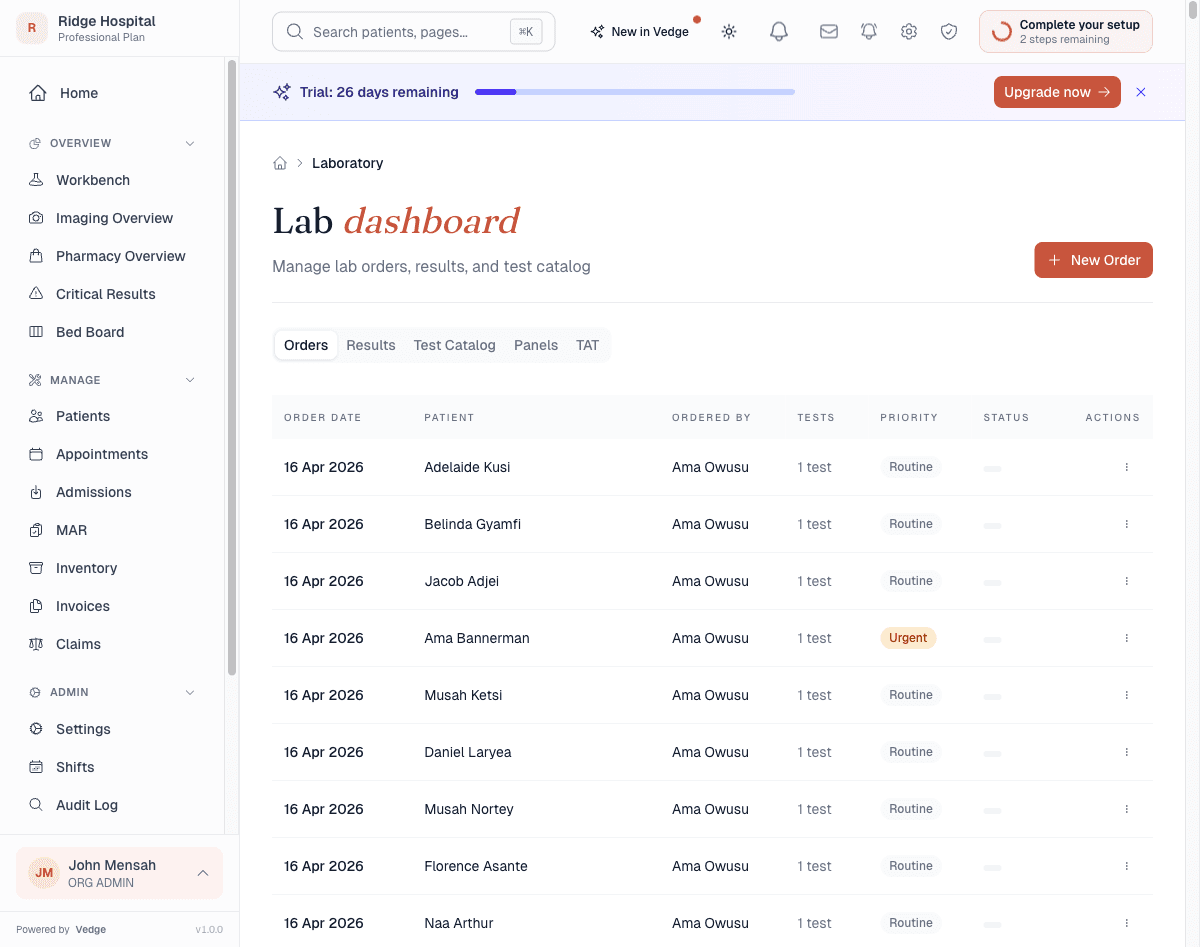 Lab dashboard showing the Orders tab with a table of lab orders — patient name, ordering provider Ama Owusu, test count, and priority pills (Urgent highlighted amber, Routine default).